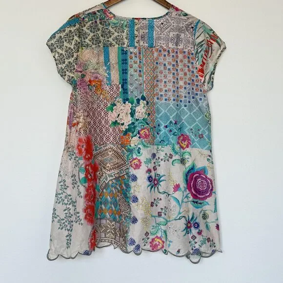 Johnny Was Tunic Top Womens Small Multicolor Boho Patchwork Floral Scalloped - Picture 5 of 9